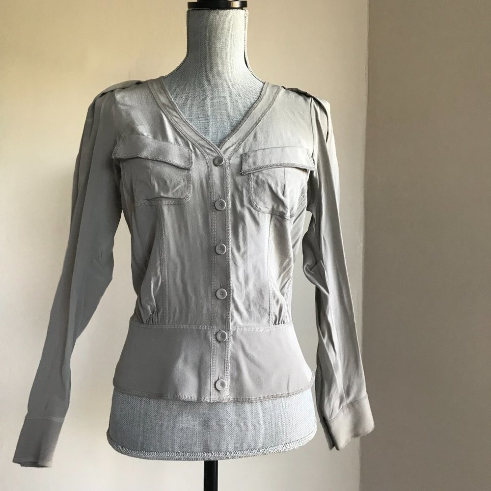 Beauty Mark Byron Lars 2 Gray 100% Silk Gunmetal Blouse Shirt Top Button Up Down